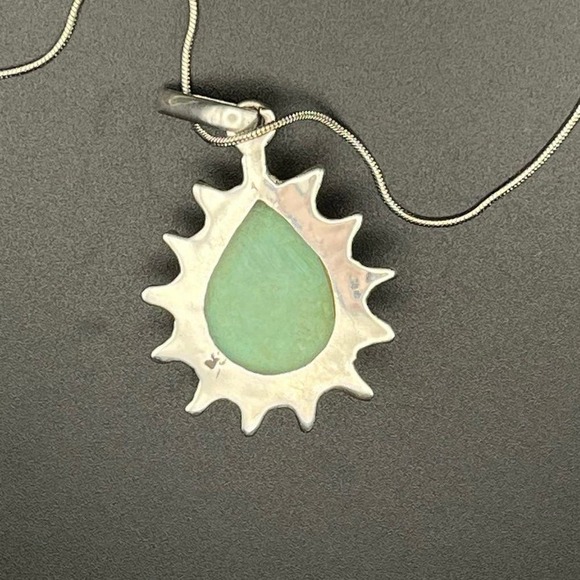 Sterling Silver Turquoise Pendant Necklace Teardrop Sunburst Southwestern Style - Picture 4 of 4